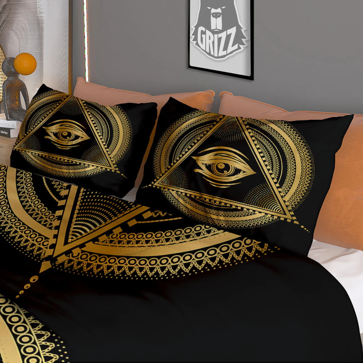 Eye of Providence Gold And Black Print Duvet Cover Bedding Set - Image 3