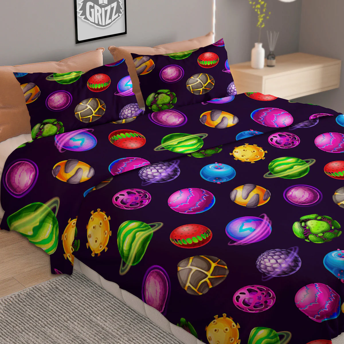 Fantasy Planets In Space Universe Print Pattern Duvet Cover Bedding Set - Image 2
