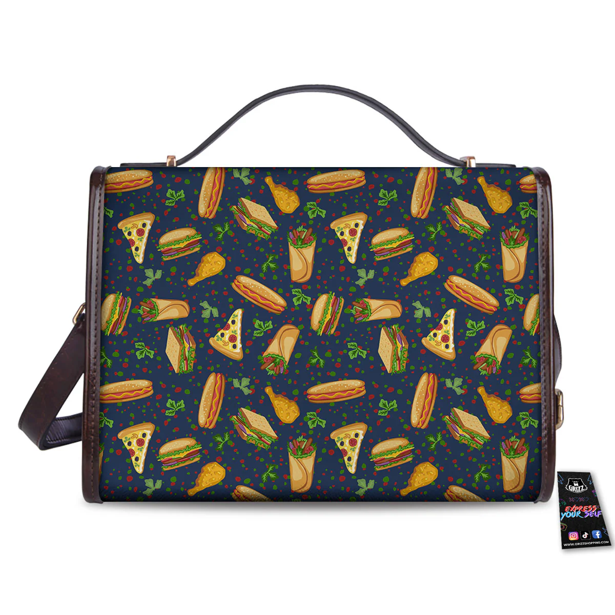 Fastfood Navy Doodle Print Pattern Women's Satchel Bag - Image 2