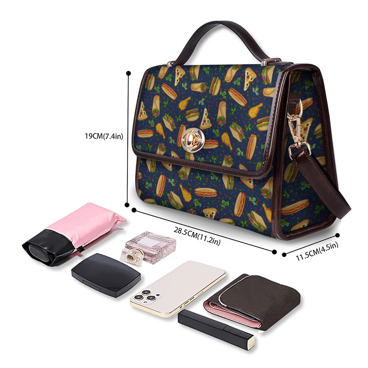 Fastfood Navy Doodle Print Pattern Women's Satchel Bag - Image 4