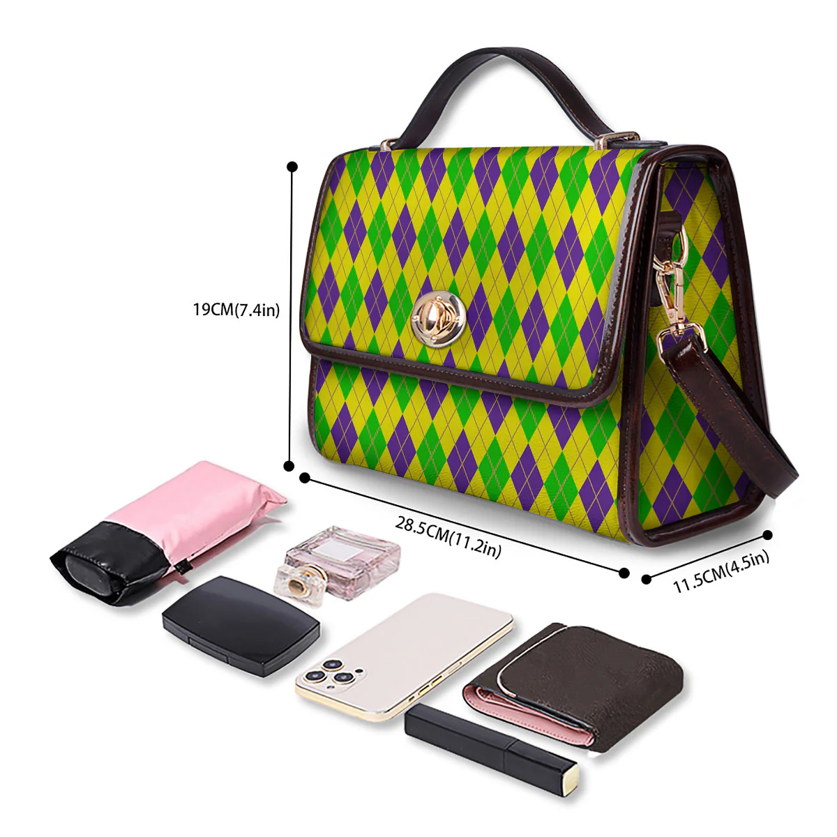 Fat Tuesday Argyle Mardi Gras Print Women's Satchel Bag - Image 4
