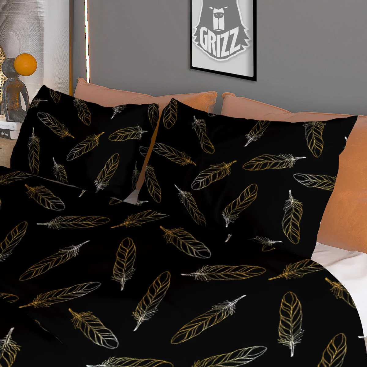 Feather Black And Gold Print Pattern Duvet Cover Bedding Set - Image 3