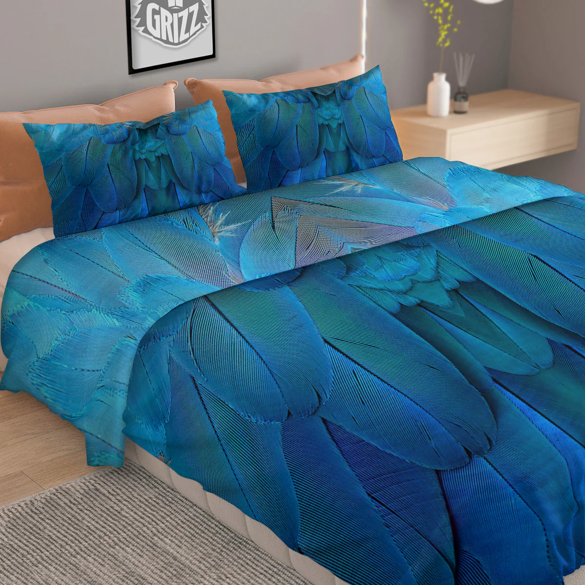 Feather Blue Print Duvet Cover Bedding Set - Image 2
