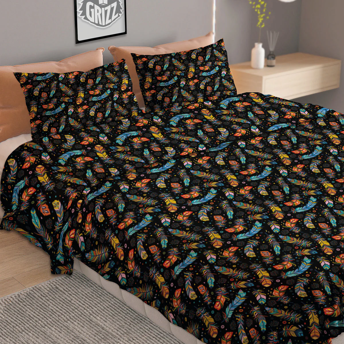 Feather Boho Print Pattern Duvet Cover Bedding Set - Image 2