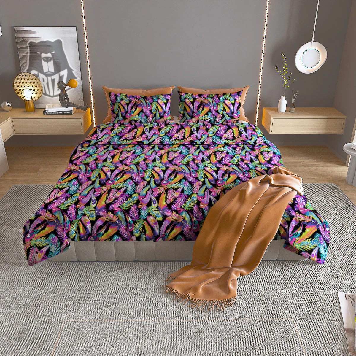 Feather Colorful Print Pattern Duvet Cover Bedding Set
