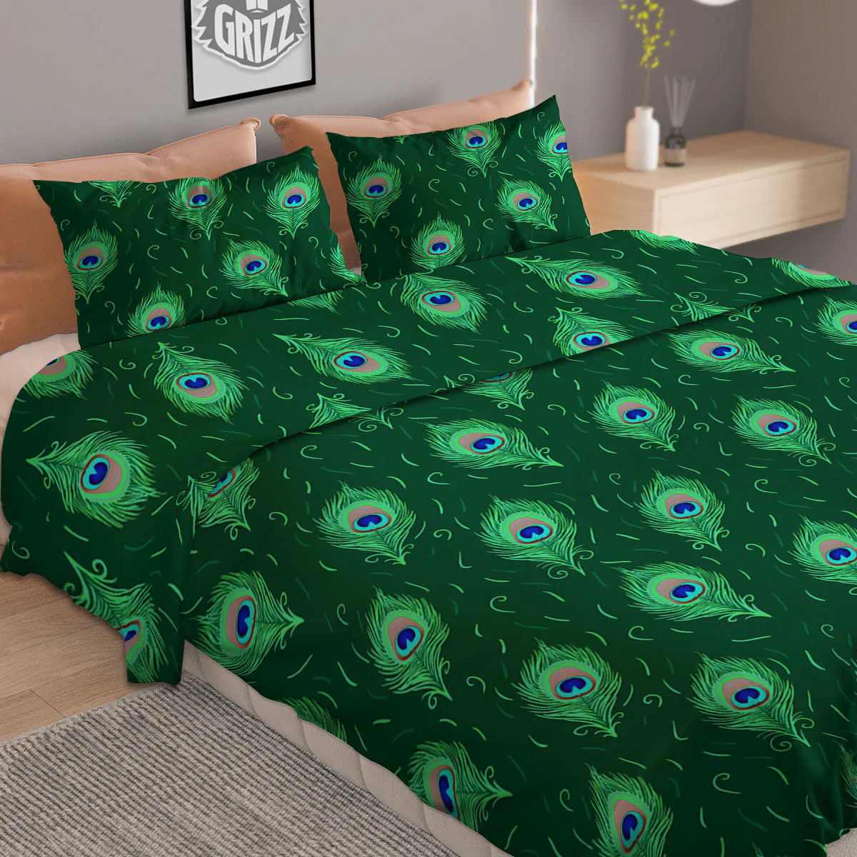 Feather Peacock Print Pattern Duvet Cover Bedding Set - Image 2