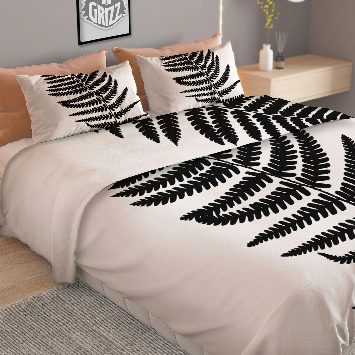 Fern Leaf White And Black Print Duvet Cover Bedding Set - Image 2