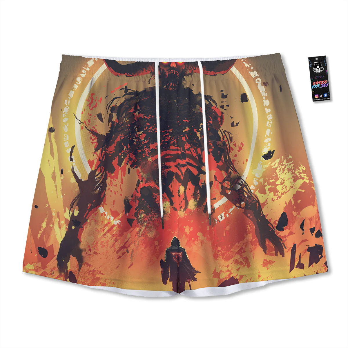 Fight With Demon Print Mesh Shorts