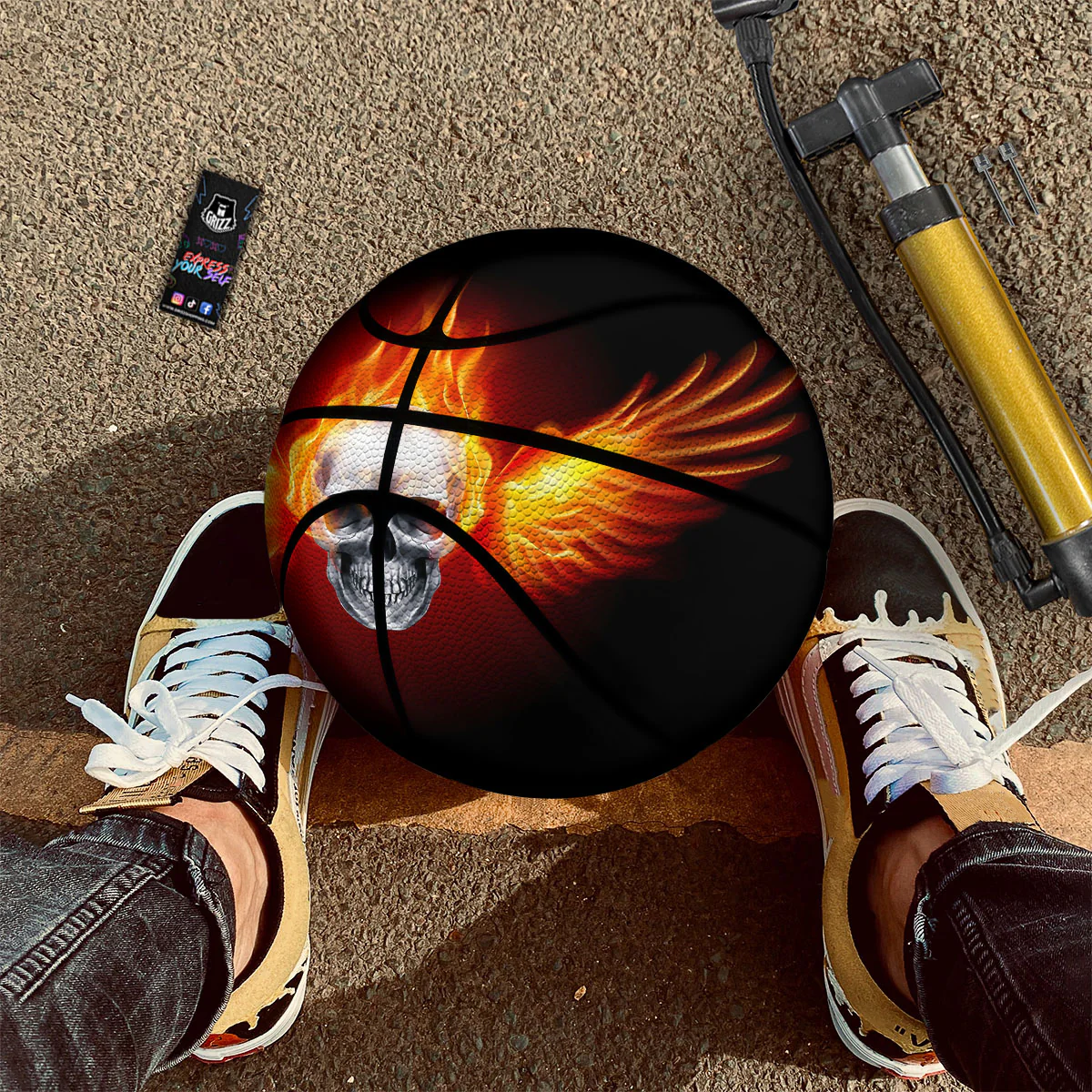 Fire Wings With Flaming Skull Print Basketball - Image 2