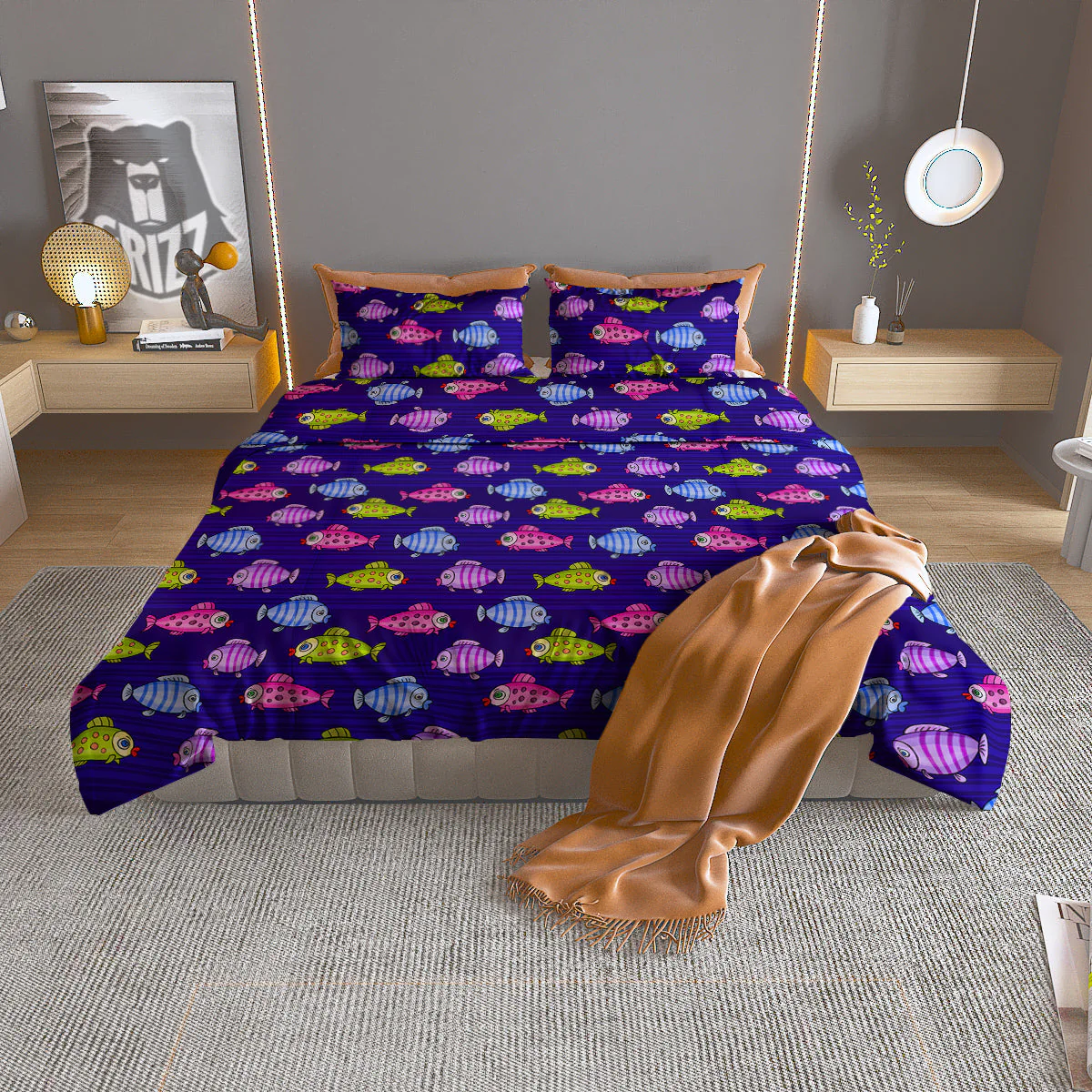 Fish Cartoon Print Pattern Duvet Cover Bedding Set