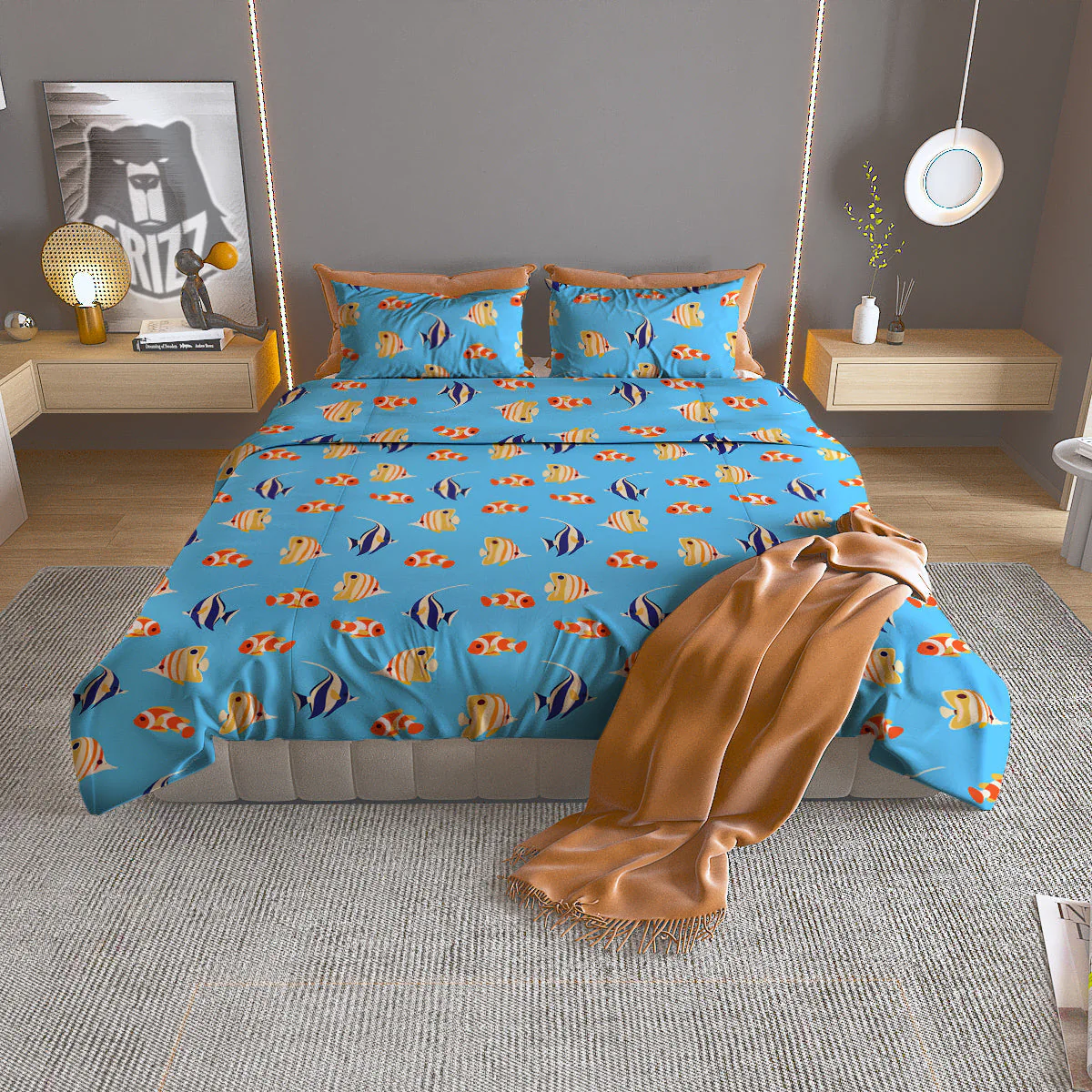 Fish Cute Print Pattern Duvet Cover Bedding Set