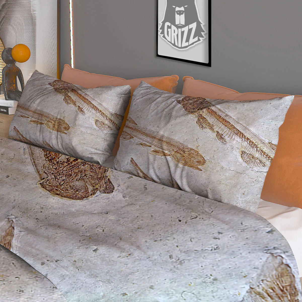 Fish Fossil Lycoptera Print Duvet Cover Bedding Set - Image 3