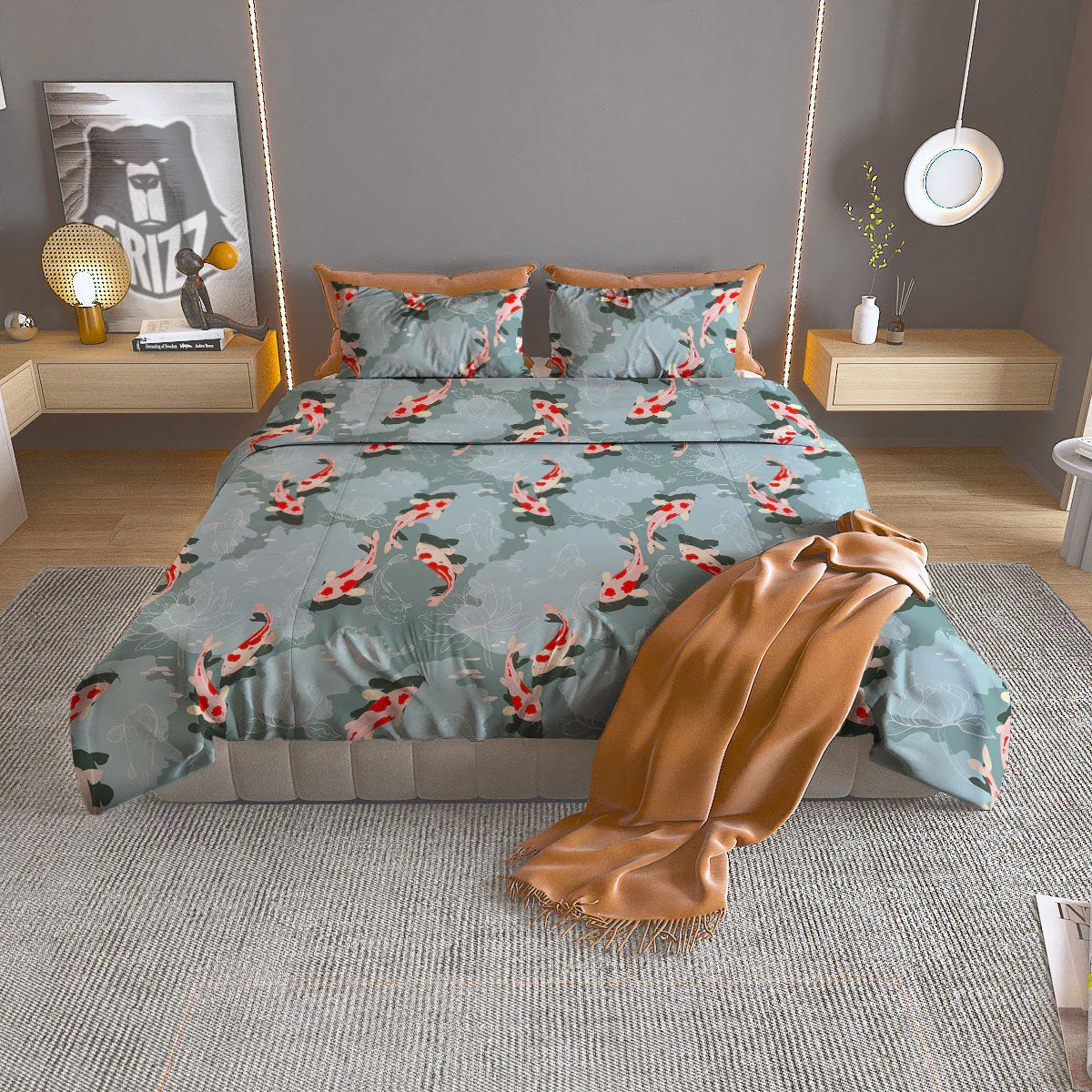 Fish Koi Print Pattern Duvet Cover Bedding Set