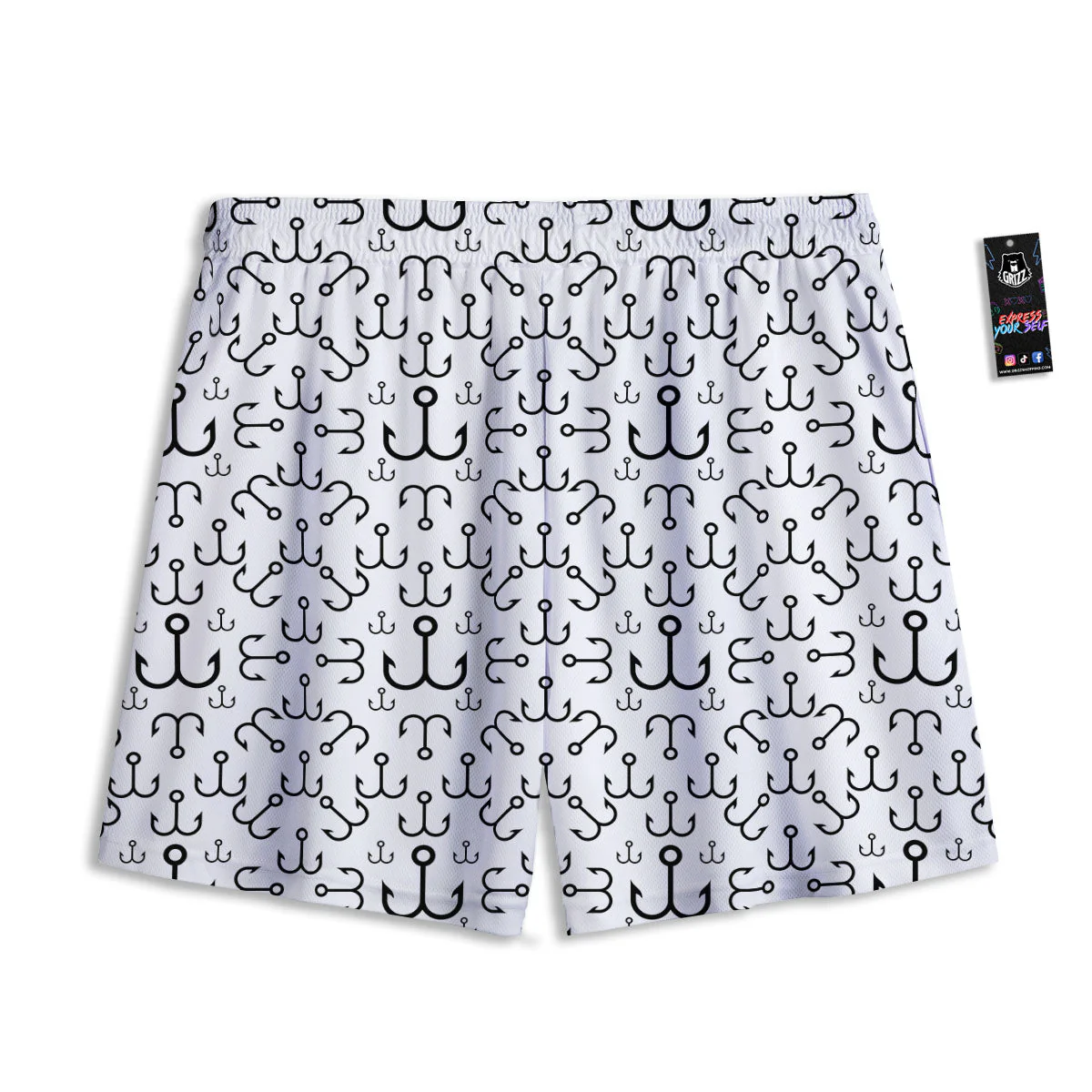 Fishing Hooks White And Black Print Mesh Shorts - Image 2