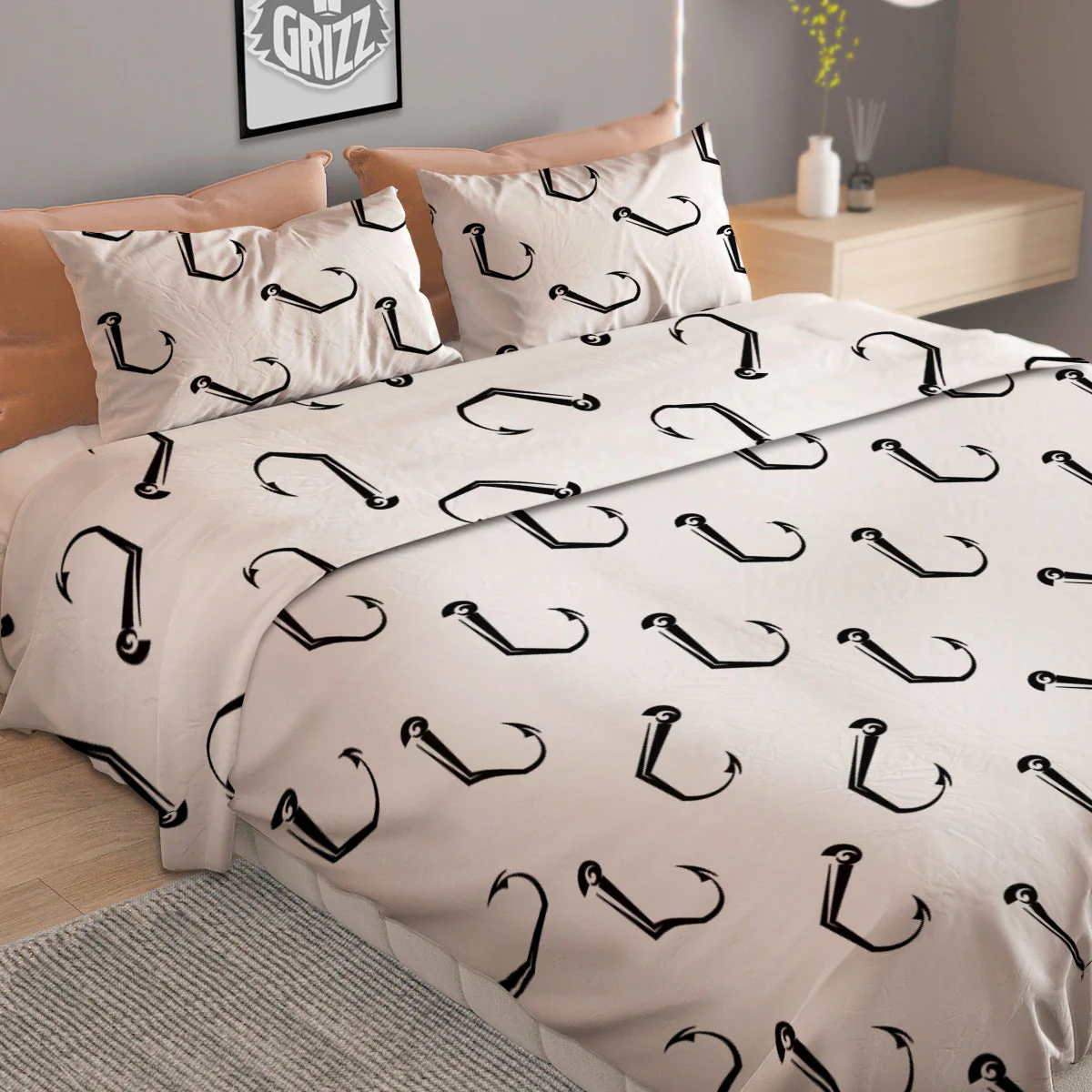 Fishing Hooks White And Black Print Pattern Duvet Cover Bedding Set - Image 2