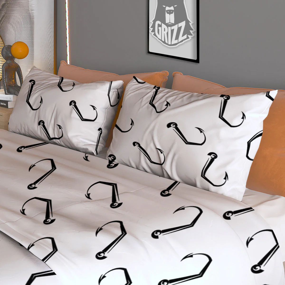 Fishing Hooks White And Black Print Pattern Duvet Cover Bedding Set - Image 3
