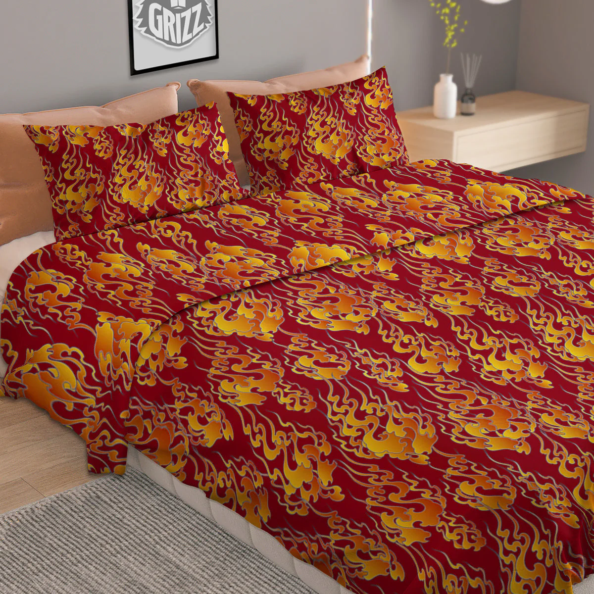 Flame Burning Japanese Art Print Pattern Duvet Cover Bedding Set - Image 2