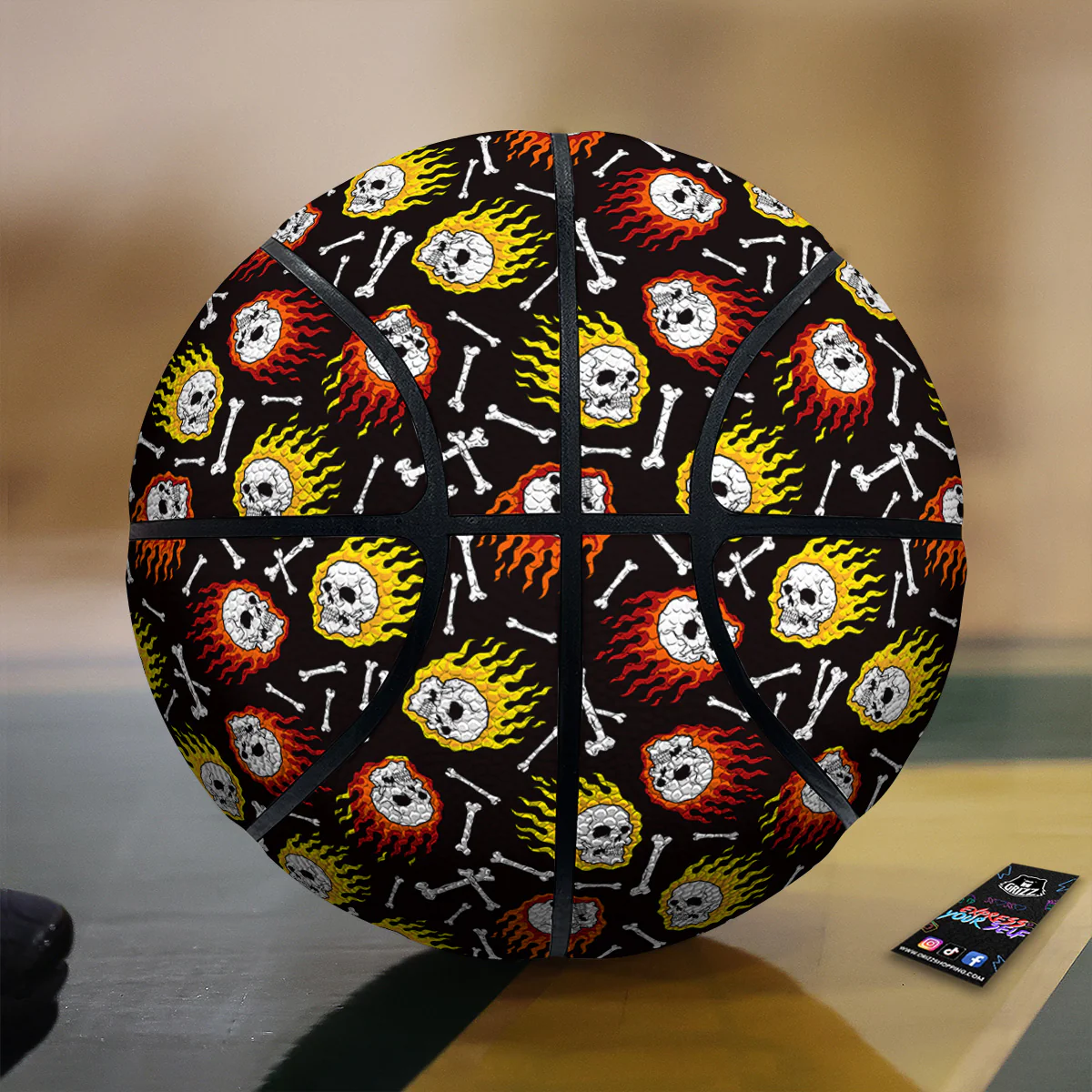 Flaming Skulls And Bone Print Pattern Basketball