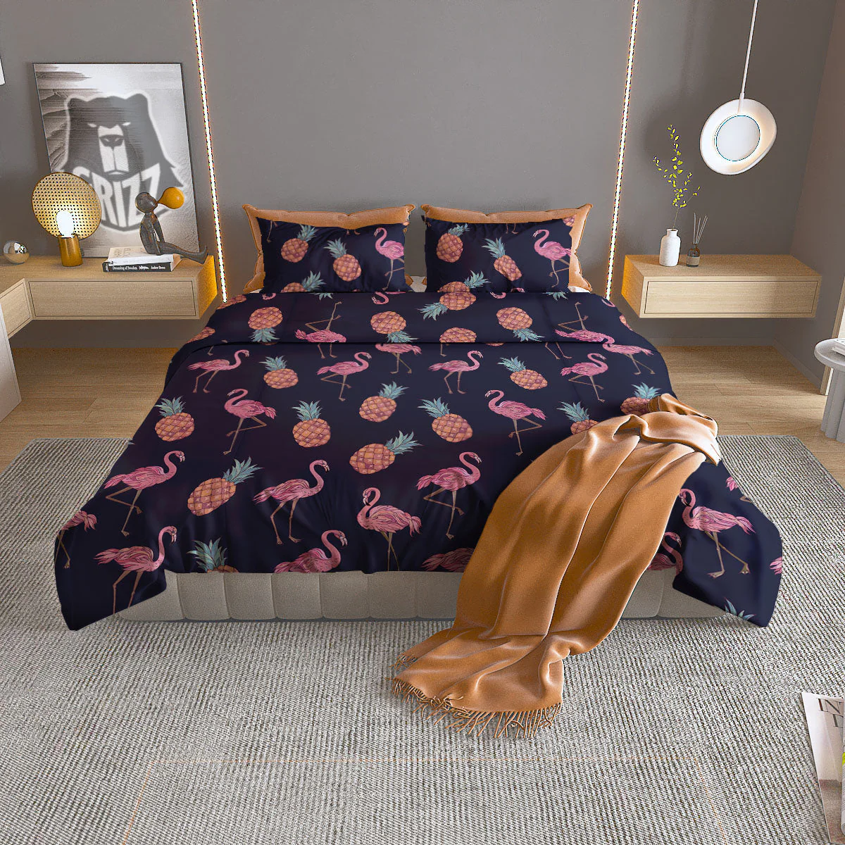 Flamingo And Pineapple Print Pattern Duvet Cover Bedding Set
