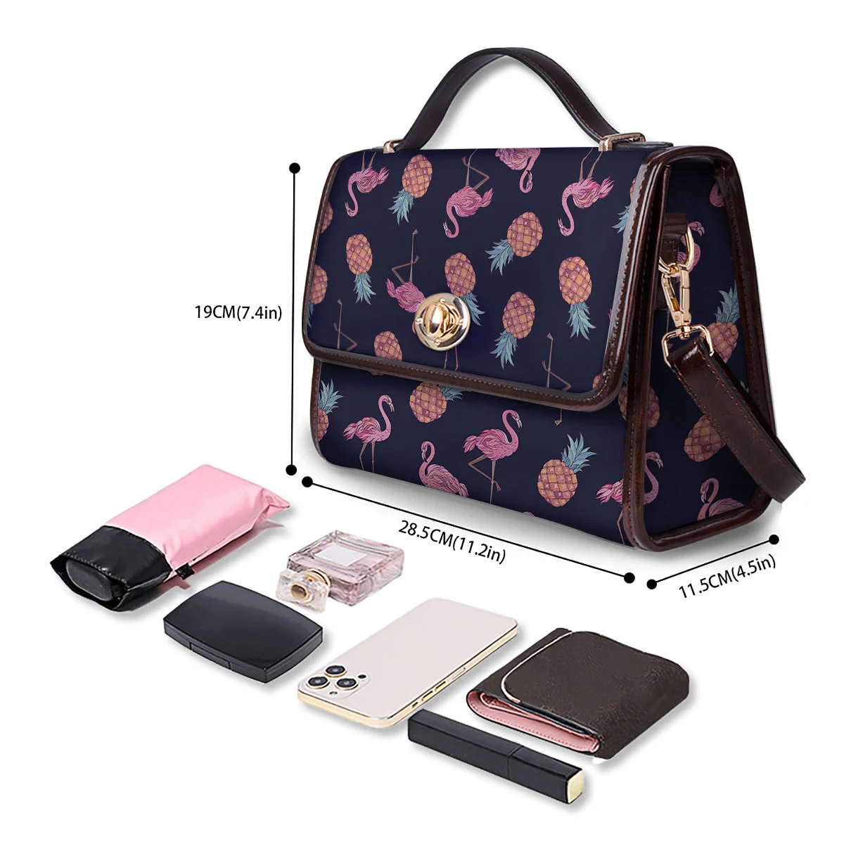 Flamingo And Pineapple Print Pattern Women's Satchel Bag - Image 4