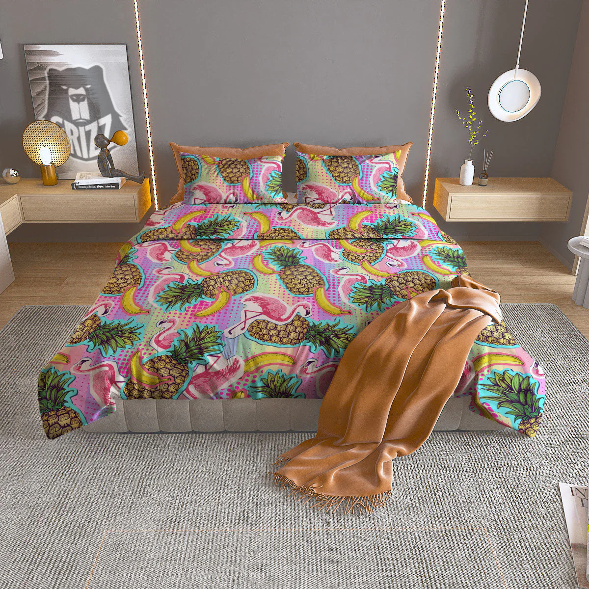 Flamingo And Pineapple Rainbow Print Pattern Duvet Cover Bedding Set