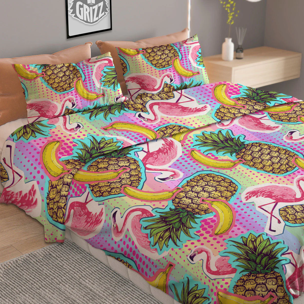 Flamingo And Pineapple Rainbow Print Pattern Duvet Cover Bedding Set - Image 2