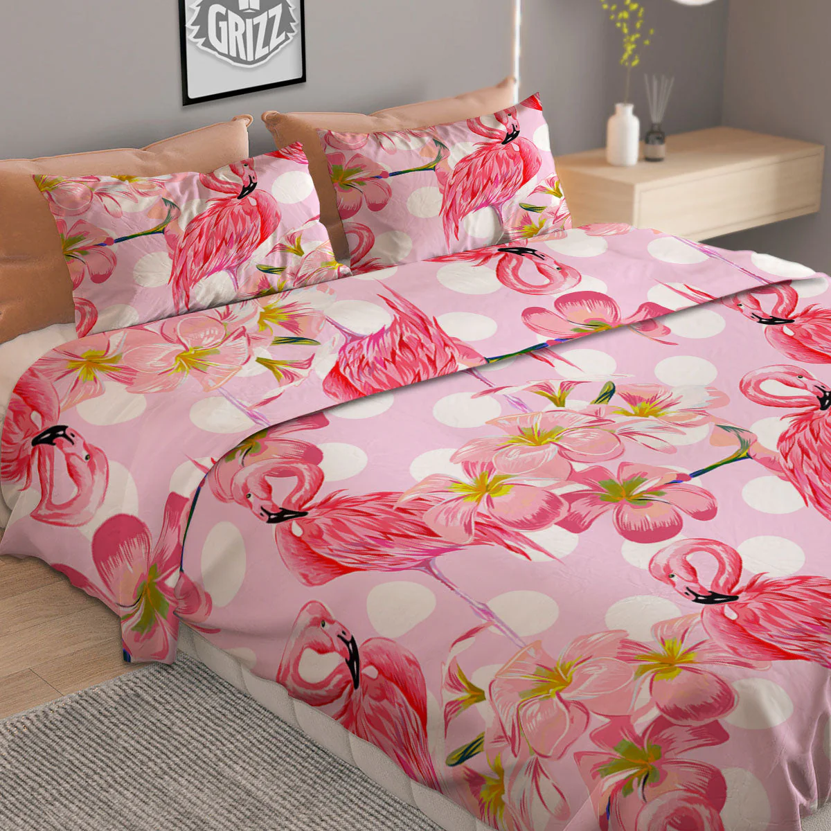 Flamingo Pink Polka Print Pattern Duvet Cover Bedding Set - Image 2