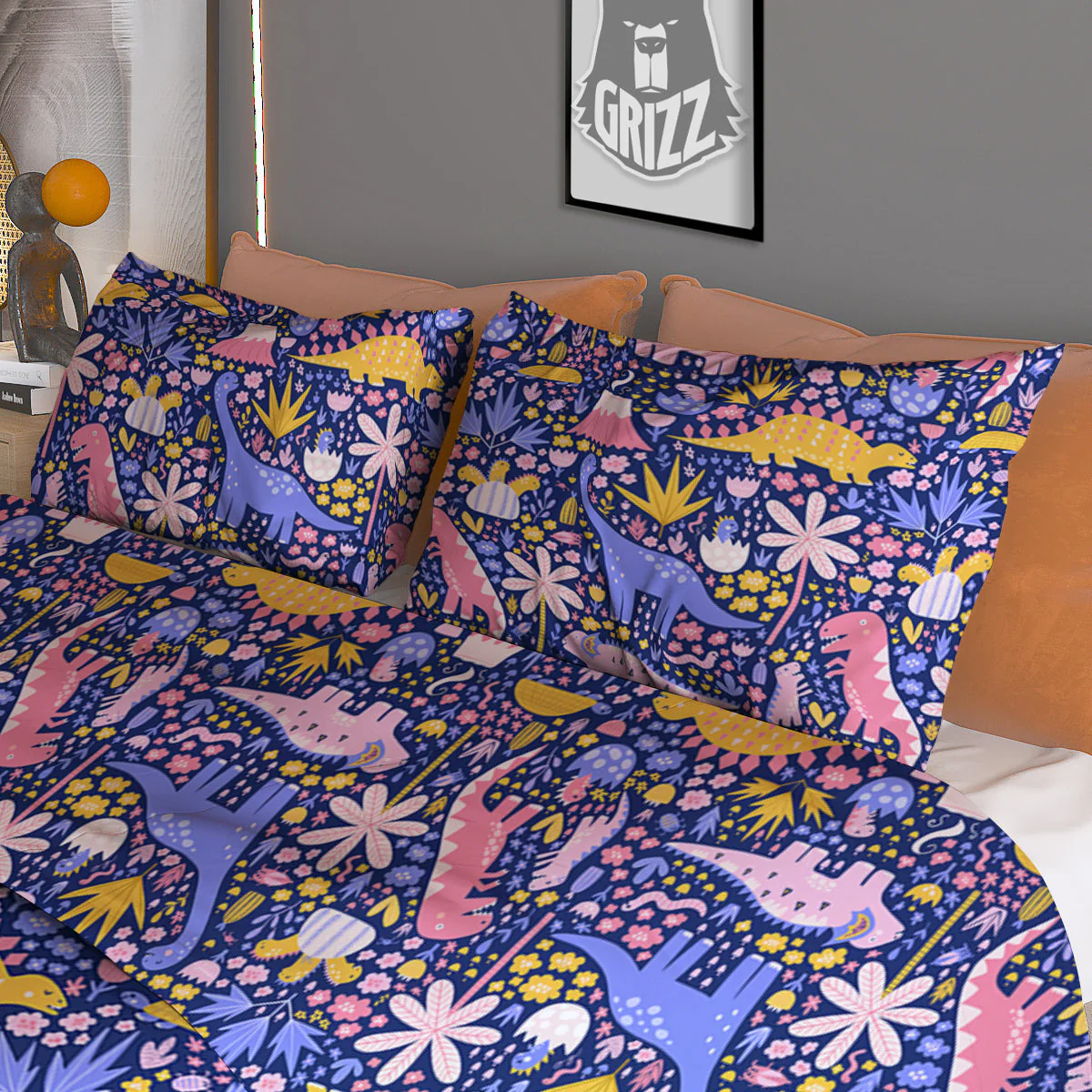 Floral And Cute Dinosaur Print Pattern Duvet Cover Bedding Set - Image 3