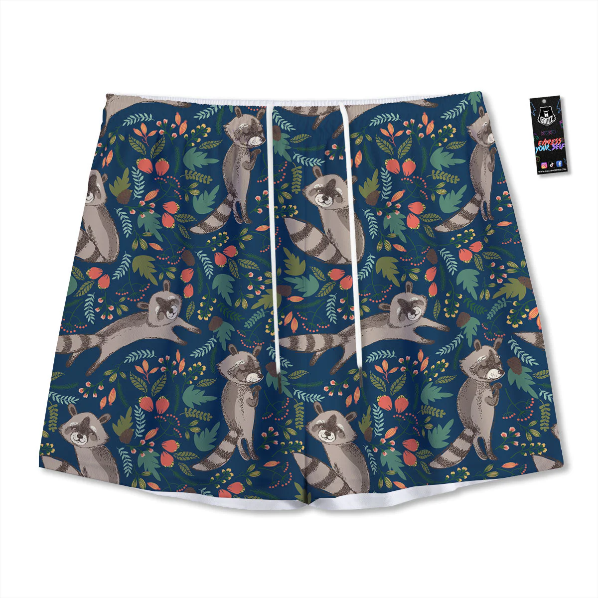 Floral And Raccoon Print Pattern Mesh Shorts