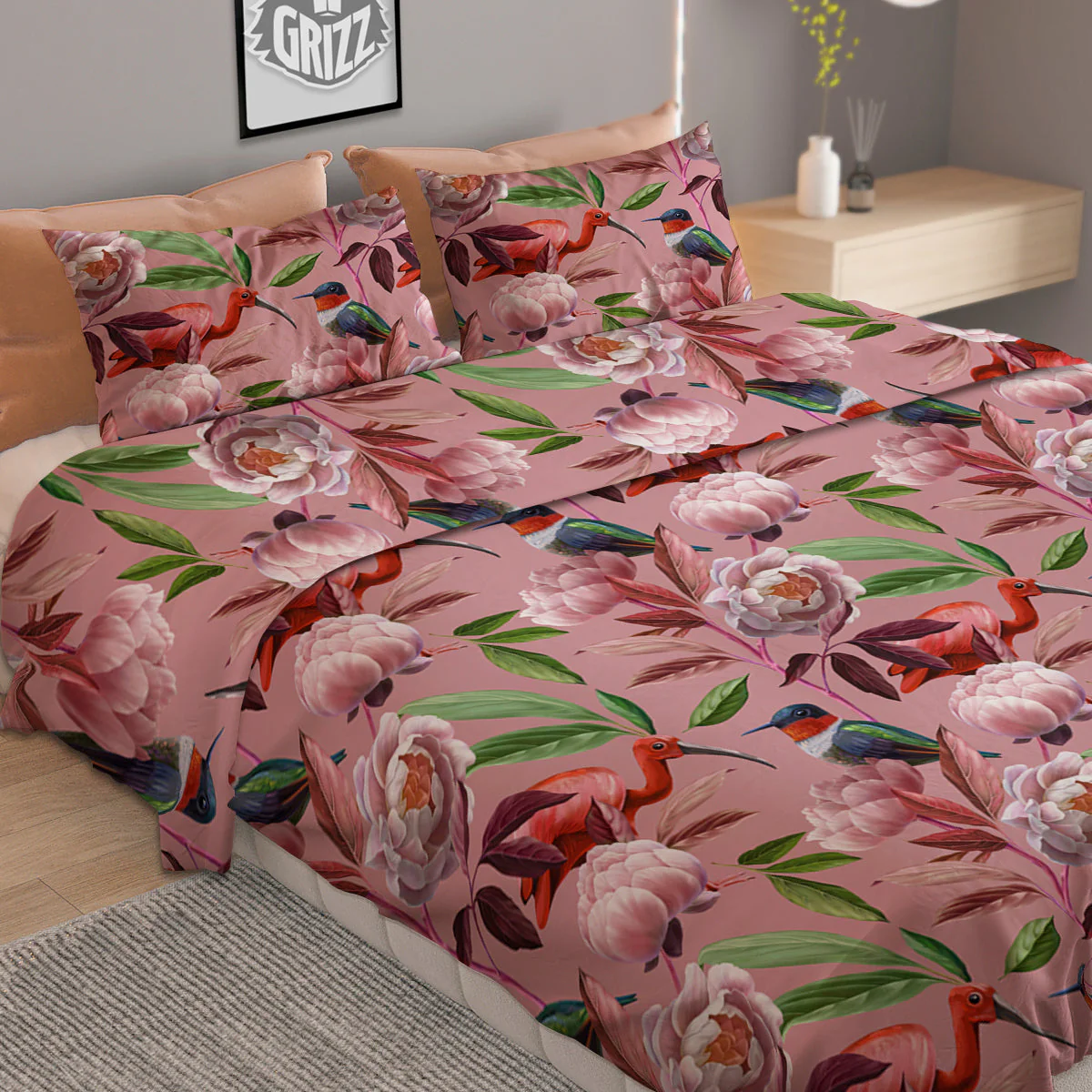 Floral Bird Pink Print Pattern Duvet Cover Bedding Set - Image 2