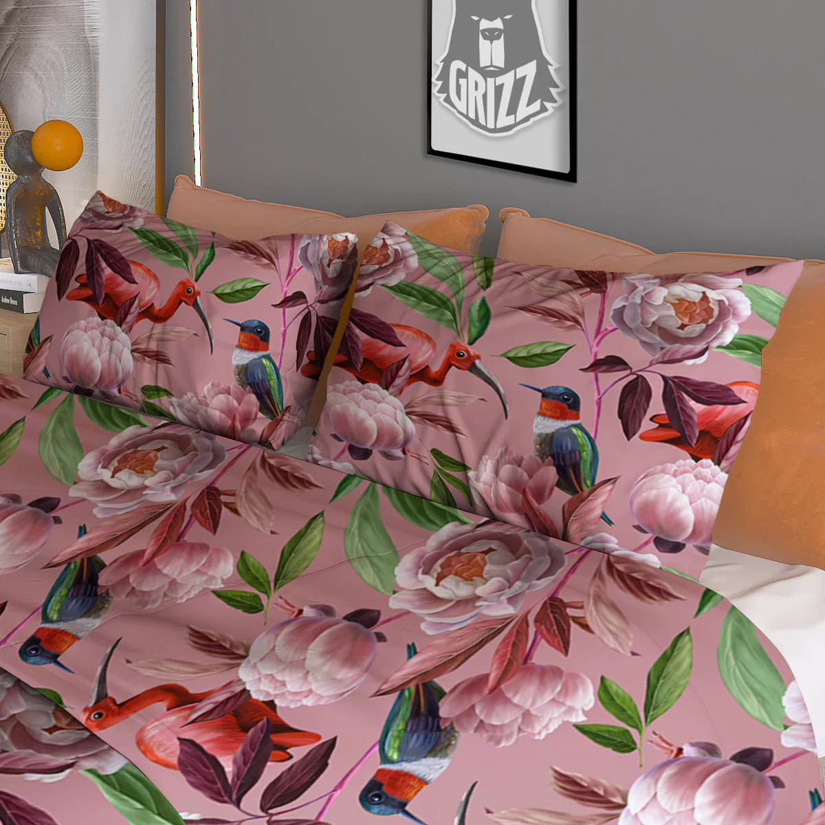 Floral Bird Pink Print Pattern Duvet Cover Bedding Set - Image 3