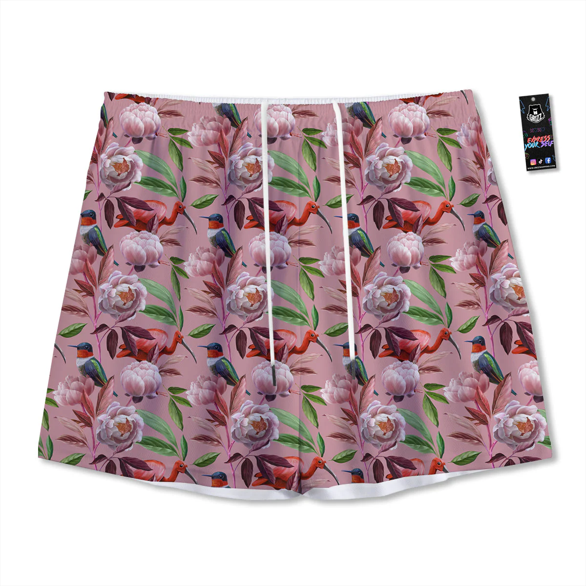 Floral Bird Pink Print Pattern Mesh Shorts