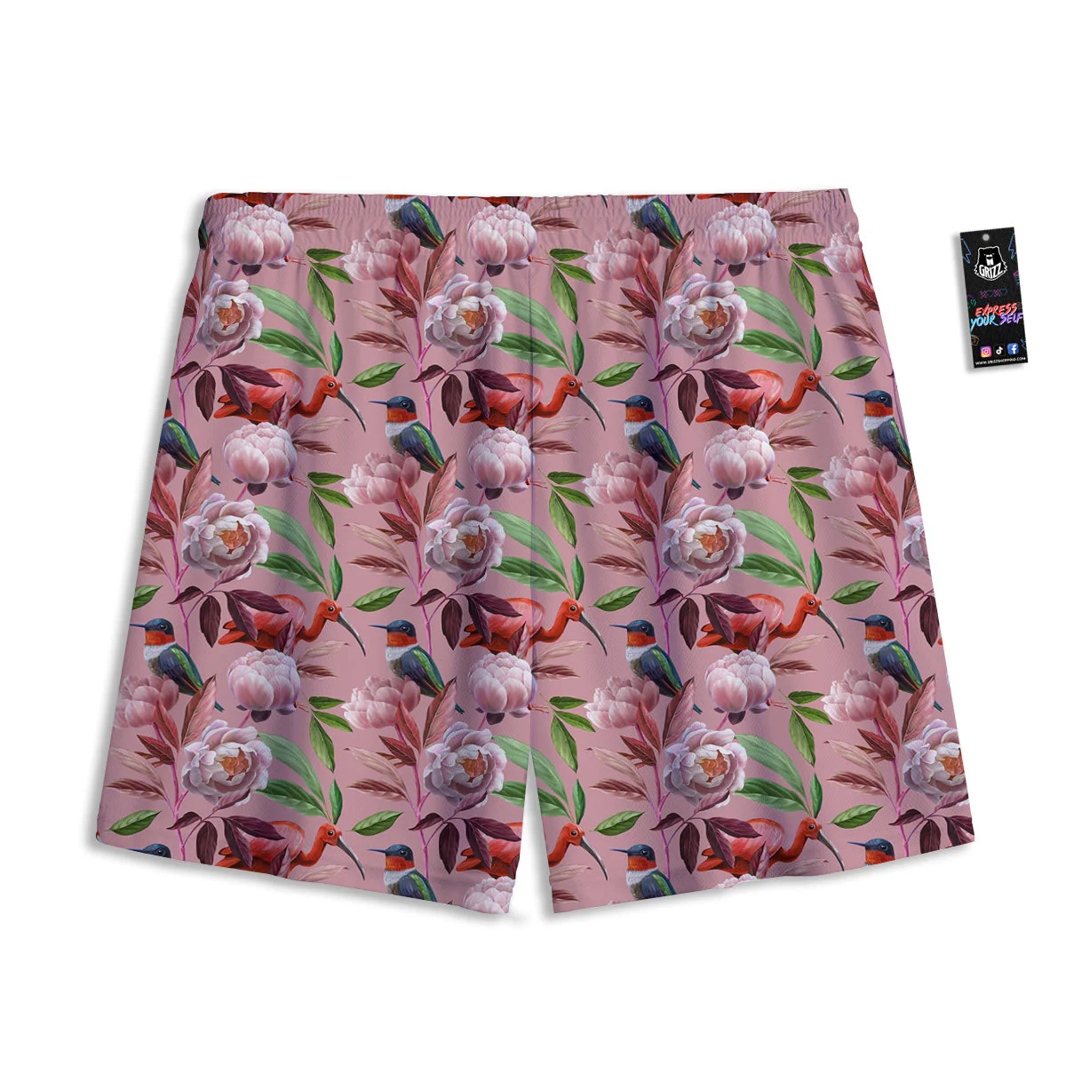 Floral Bird Pink Print Pattern Mesh Shorts - Image 2