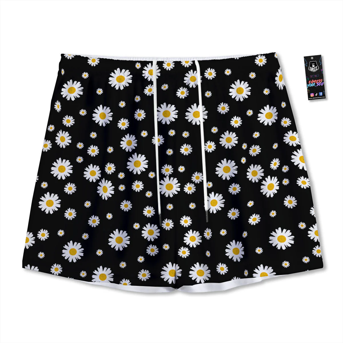 Floral Black Daisy Print Pattern Mesh Shorts