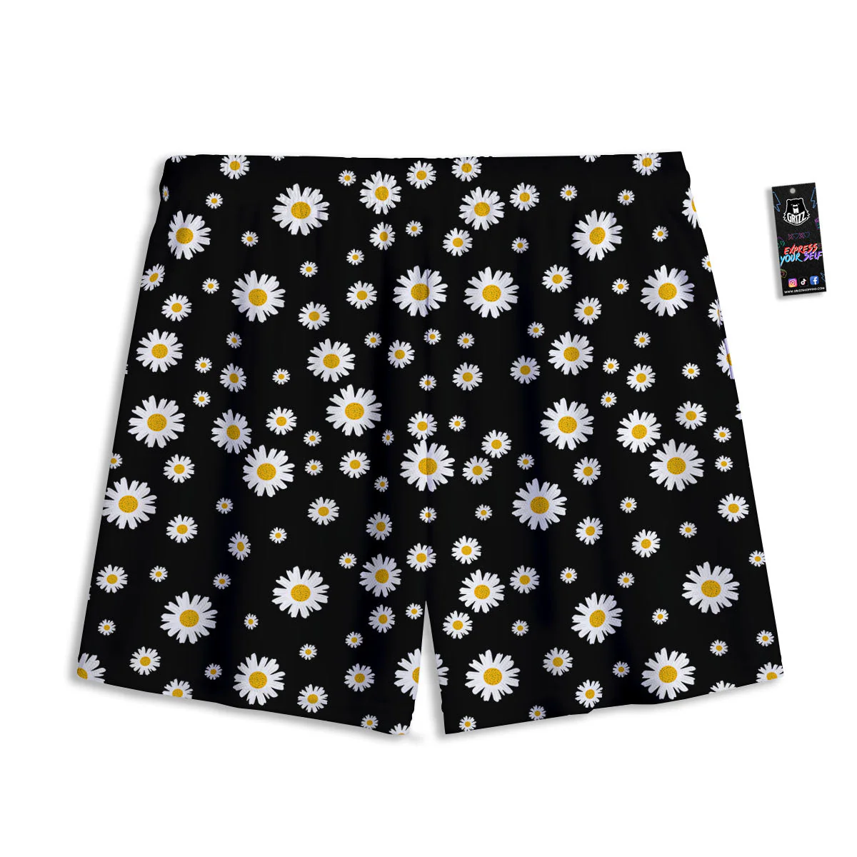 Floral Black Daisy Print Pattern Mesh Shorts - Image 2