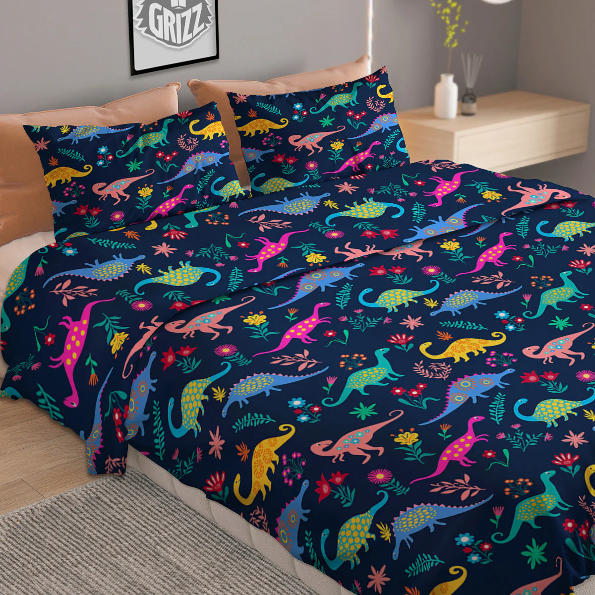 Floral Cute Dino Print Pattern Duvet Cover Bedding Set - Image 2