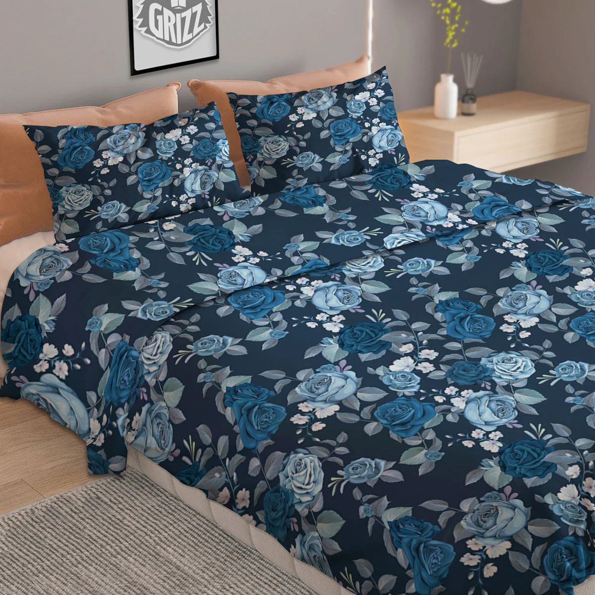 Floral Flower Blue Rose Print Pattern Duvet Cover Bedding Set - Image 2