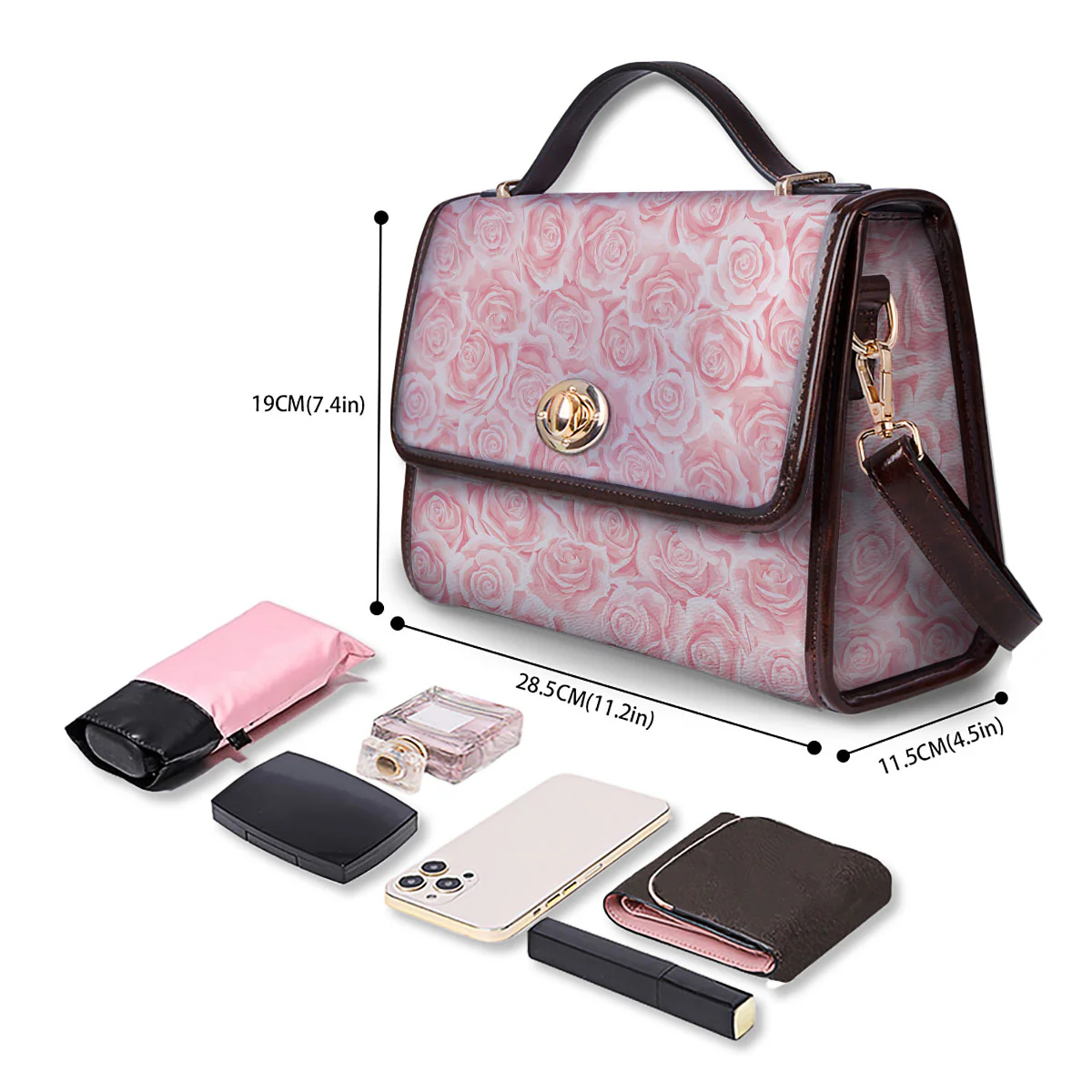 Floral Flower Pink Rose Print Pattern Women's Satchel Bag - Image 4