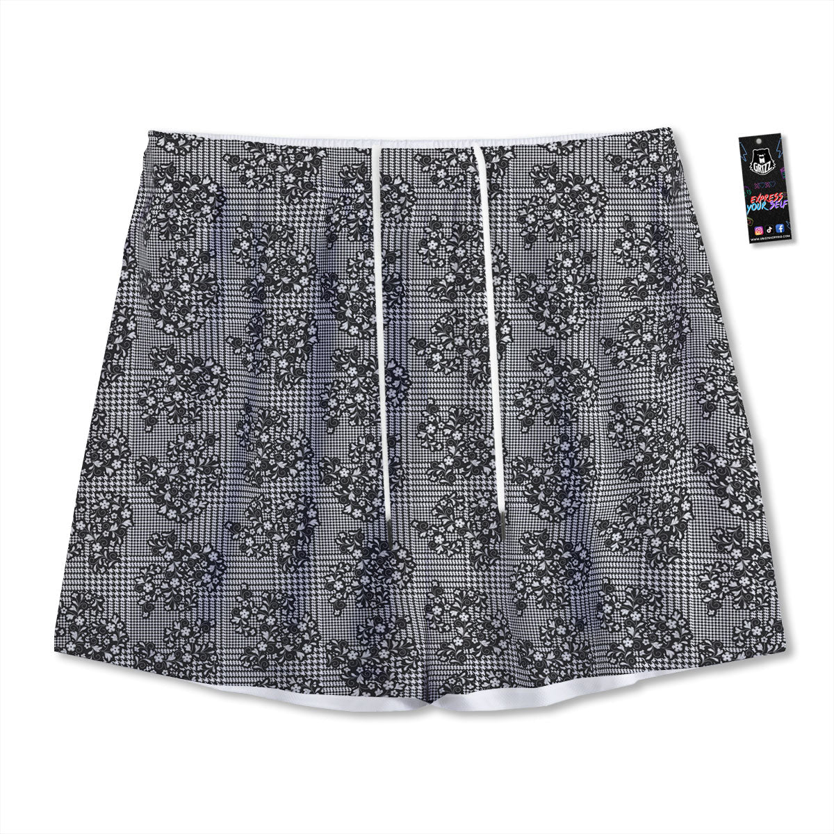 Floral Glen Plaid White And Black Print Mesh Shorts