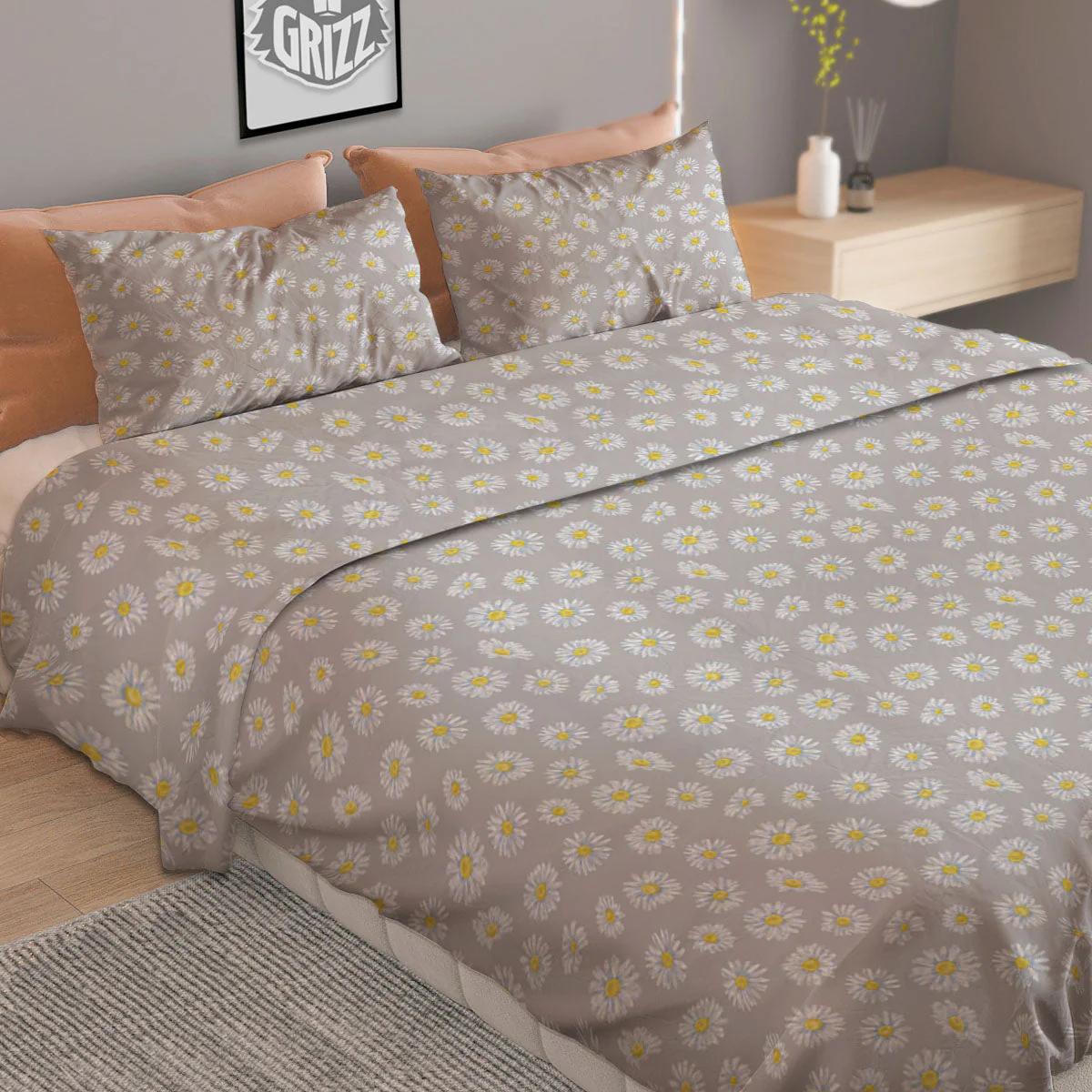 Floral Grey Daisy Print Pattern Duvet Cover Bedding Set - Image 2