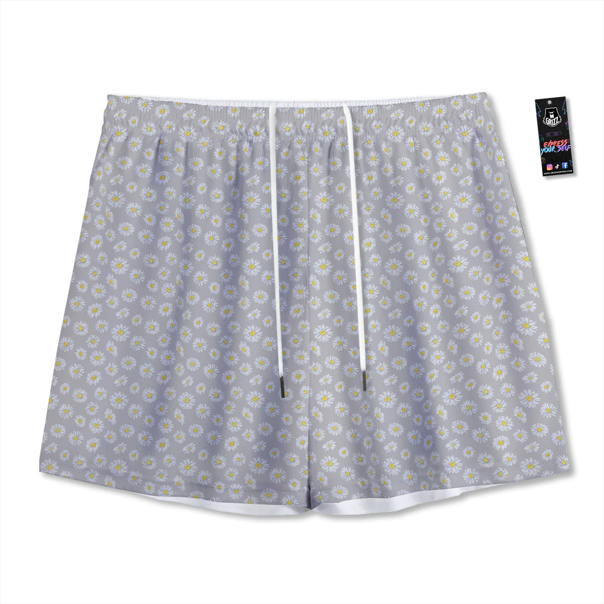 Floral Grey Daisy Print Pattern Mesh Shorts