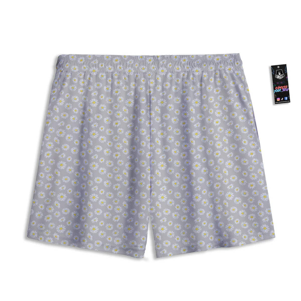 Floral Grey Daisy Print Pattern Mesh Shorts - Image 2