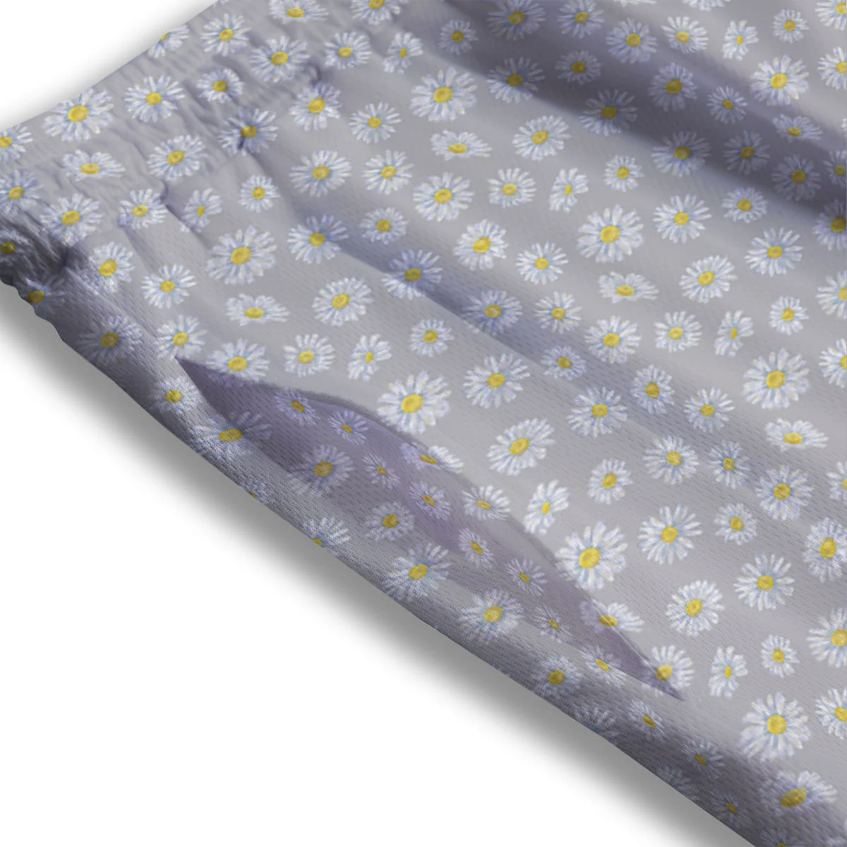 Floral Grey Daisy Print Pattern Mesh Shorts - Image 3