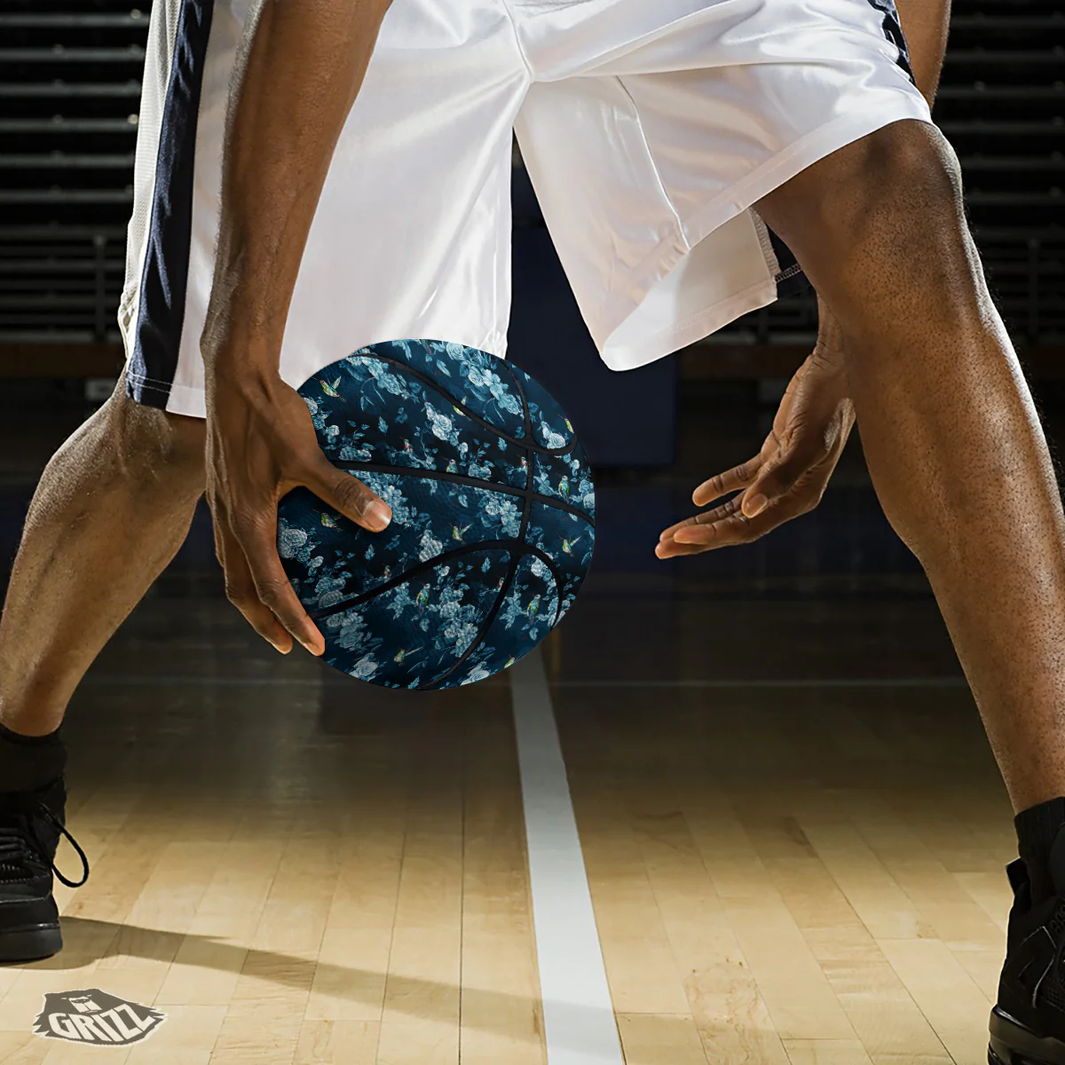 Floral Hummingbird Dark Blue Print Basketball - Image 3