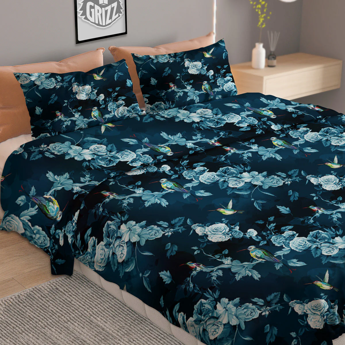 Floral Hummingbird Dark Blue Print Duvet Cover Bedding Set - Image 2