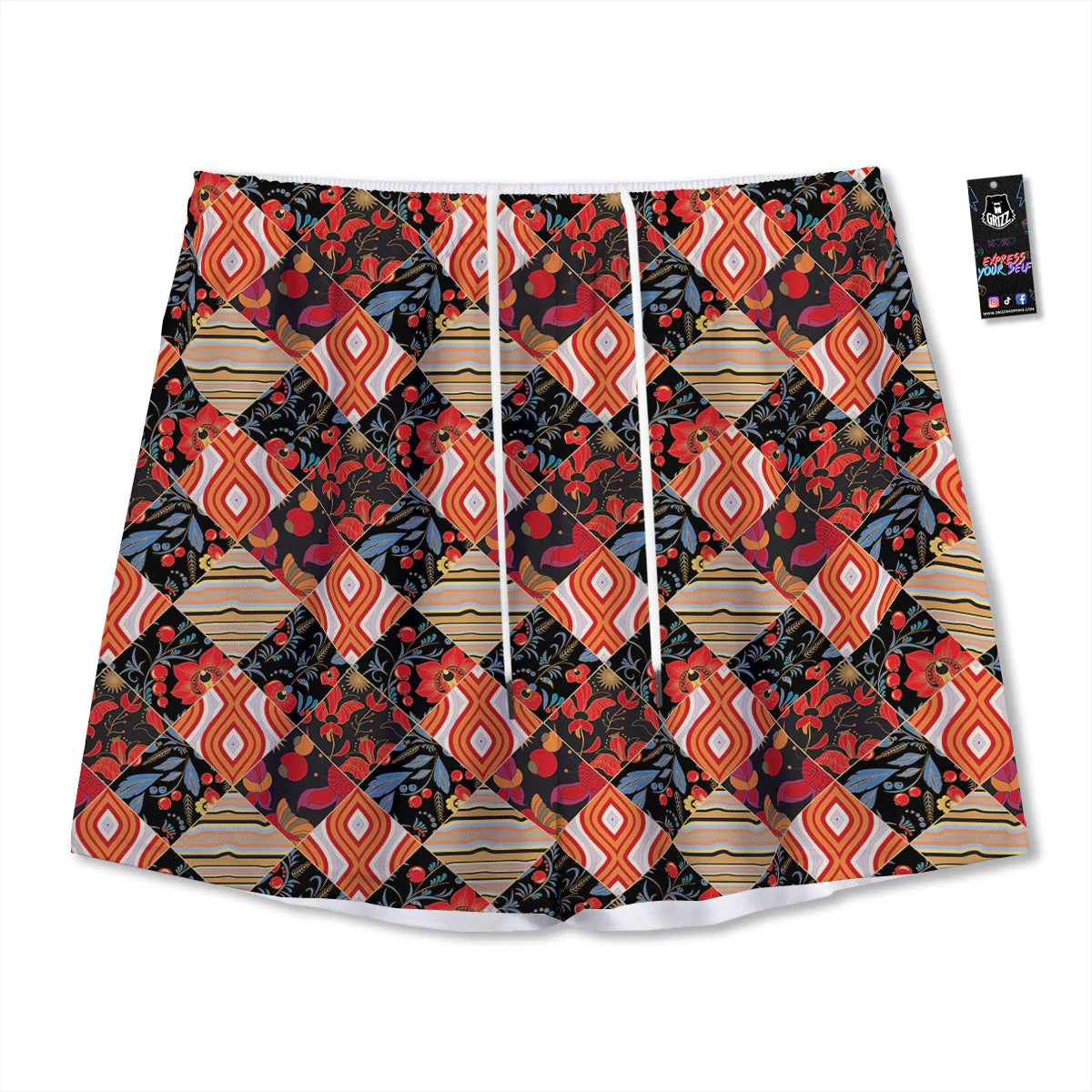 Floral Indian Patchwork Print Pattern Mesh Shorts
