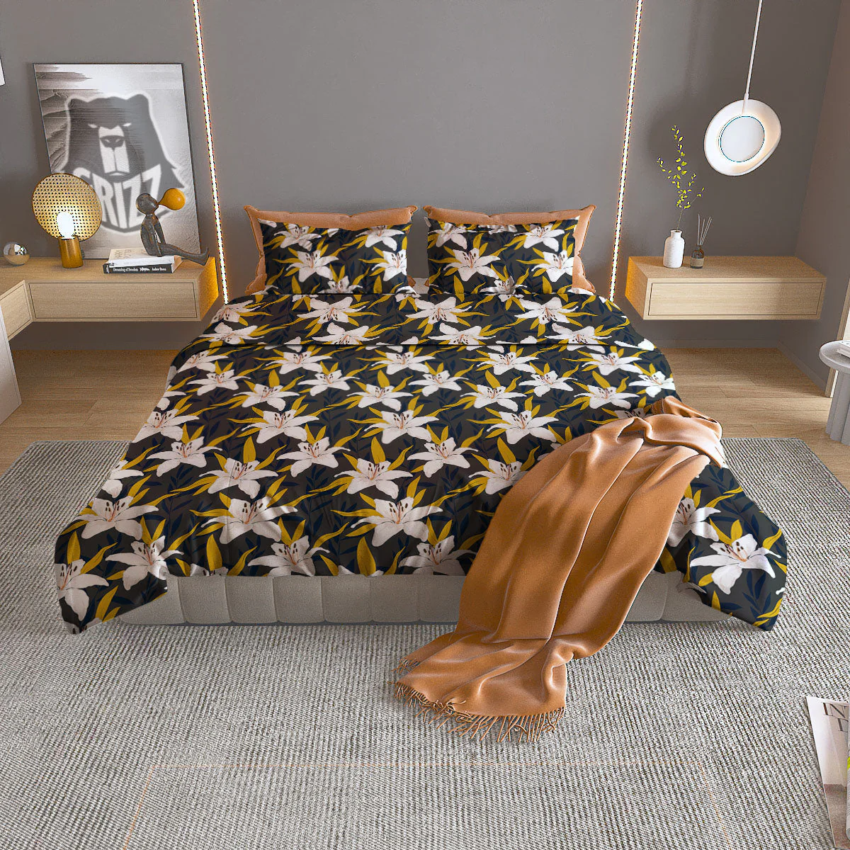 Floral Lily Print Pattern Duvet Cover Bedding Set