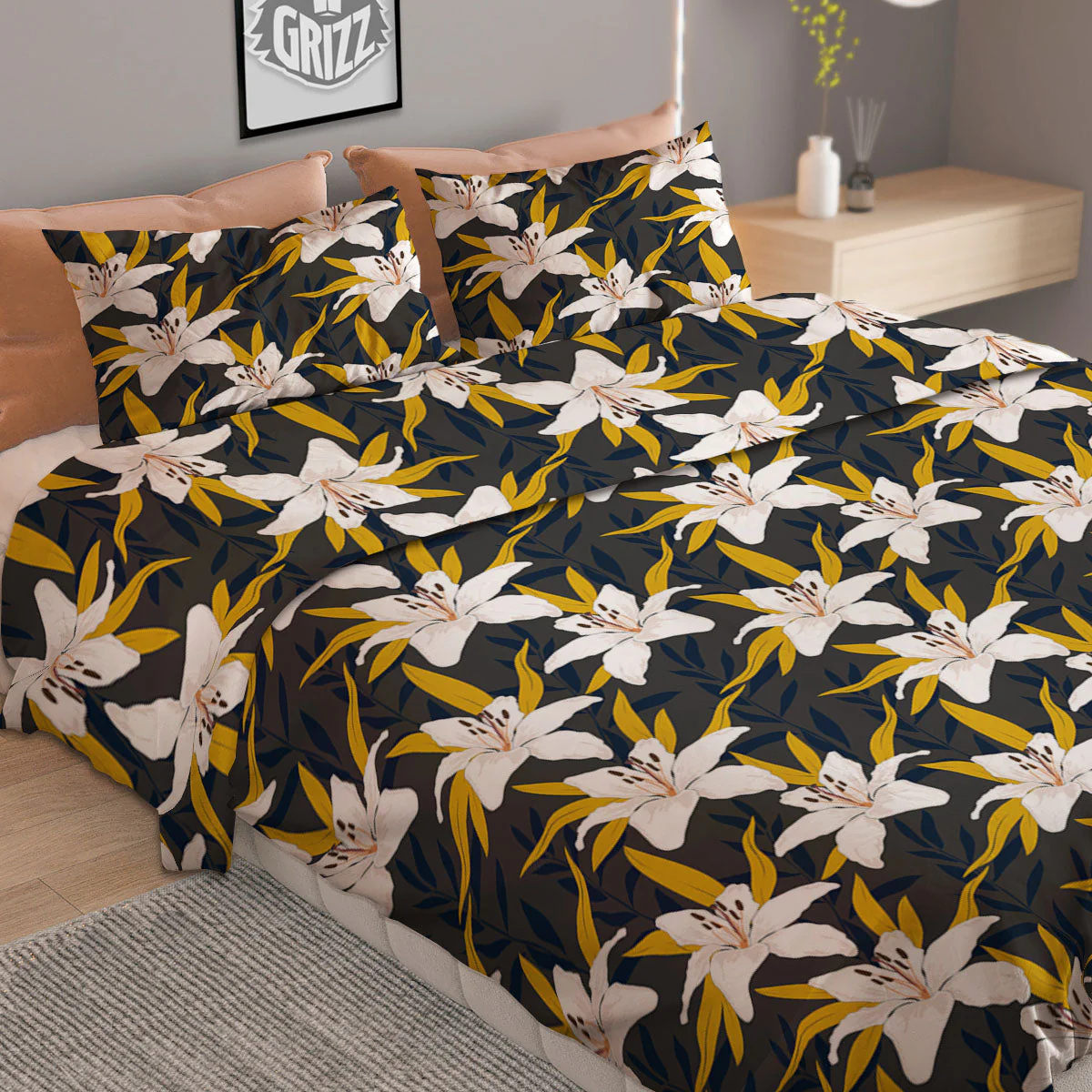 Floral Lily Print Pattern Duvet Cover Bedding Set - Image 2