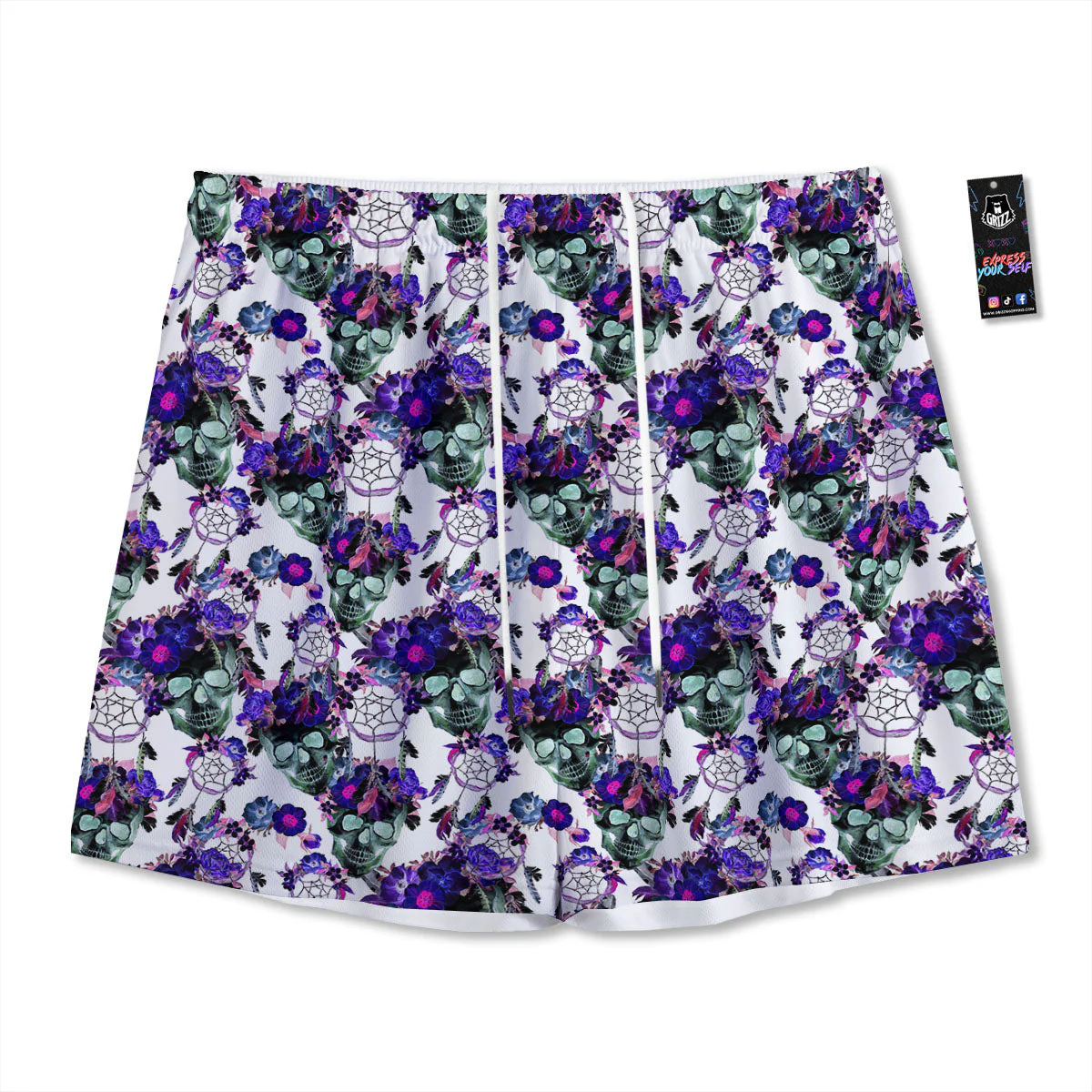 Floral Neon Skull Print Pattern Mesh Shorts