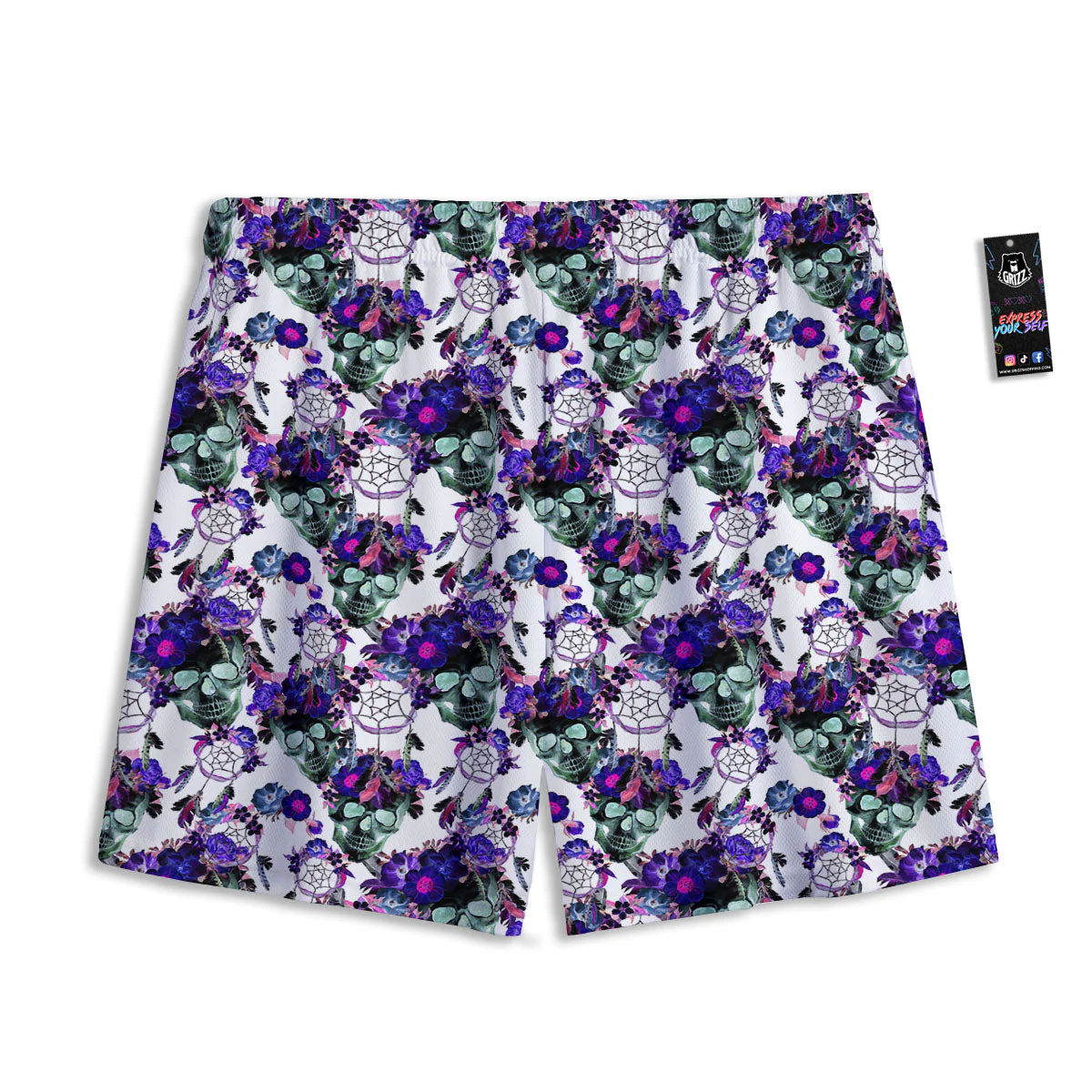 Floral Neon Skull Print Pattern Mesh Shorts - Image 2